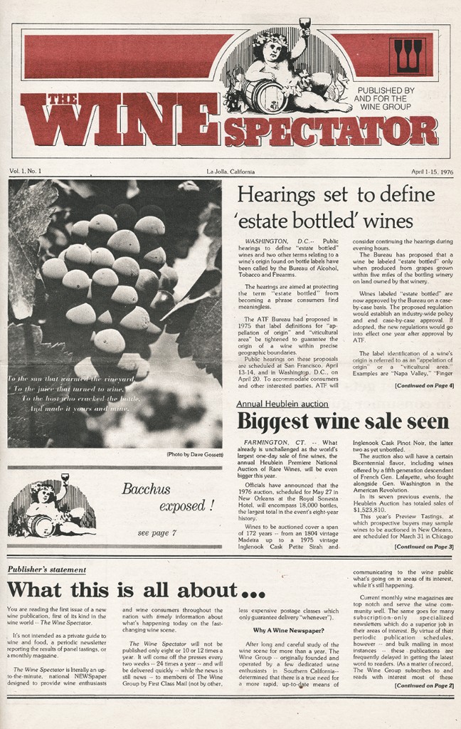 Front page of Wine Spectator Vol. 1, No. 1, April 1-15, 1976